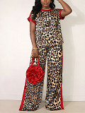 Casual Leopard Print & Contrast Color Two-Piece Set Short-Sleeve Top and Wide-Leg Pants HANI-TY031
