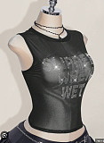 Sexy Sleeveless Crew Neck Crop Top With Lettering and Rhinestones FC-1474