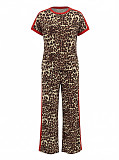 Casual Leopard Print & Contrast Color Two-Piece Set Short-Sleeve Top and Wide-Leg Pants HANI-TY031