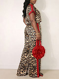 Casual Leopard Print & Contrast Color Two-Piece Set Short-Sleeve Top and Wide-Leg Pants HANI-TY031