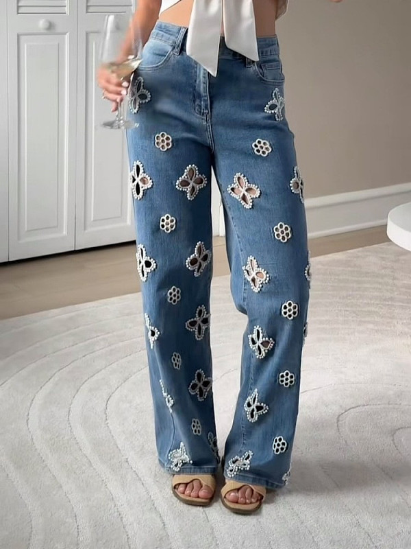 Stylish Embroidered & Beaded Cutout Elastic Straight-Leg Wide-Leg Pants OXMJ-8770