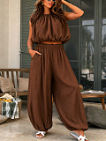 Casual Halter-Neck Sleeveless Textured Crop Top & Balloon Pants Two-Piece Set HANI-YY043