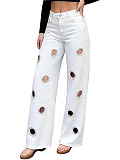 Stylish Edgy Straight-Leg Jeans With Large Eyelets OXMJ-8771