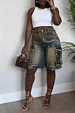 New Distressed Acid-Washed Denim Cargo Pants With Utility Pockets OXMJ-8763