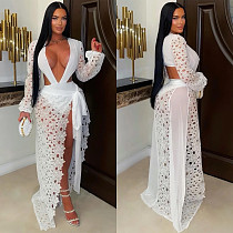 Sexy Mesh & Lace Deep V-Neck Slit Dress BY-7707