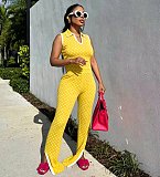 Polka Dot Printed Sleevesless U-neck Slit Long Horn Trouser Two-piece Set YNS-8031