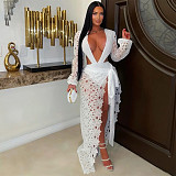 Sexy Mesh & Lace Deep V-Neck Slit Dress BY-7707