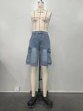 New Distressed Acid-Washed Denim Cargo Pants With Utility Pockets OXMJ-8592