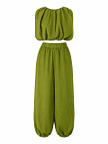 Casual Halter-Neck Sleeveless Textured Crop Top & Balloon Pants Two-Piece Set HANI-YY043