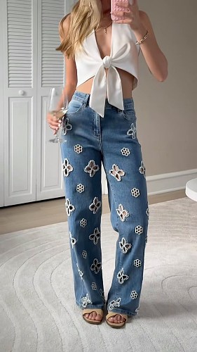 Stylish Embroidered & Beaded Cutout Elastic Straight-Leg Wide-Leg Pants OXMJ-8770