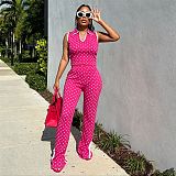 Polka Dot Printed Sleevesless U-neck Slit Long Horn Trouser Two-piece Set YNS-8031