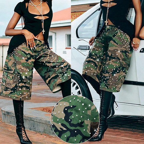 Pearl Rhinestone Camouflage Workwear Jeans Knee Length Design SH-391539