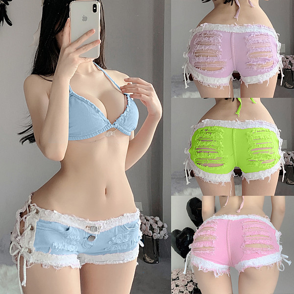 Sexy Low-Rise Distressed Denim Shorts With Lace-Up Detail FB-8572