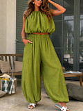 Casual Halter-Neck Sleeveless Textured Crop Top & Balloon Pants Two-Piece Set HANI-YY043