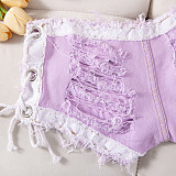 Sexy Low-Rise Distressed Denim Shorts With Lace-Up Detail FB-8572