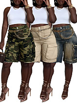 New Distressed Acid-Washed Denim Cargo Pants With Utility Pockets OXMJ-8763