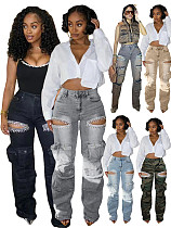 Multiple Pockets Stretch Rhinestone Ripped Jeans 2025 OD-8715