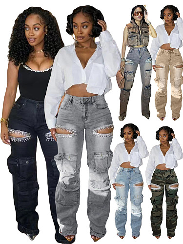 Multiple Pockets Stretch Rhinestone Ripped Jeans 2025 OD-8715