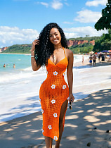 Sexy Knitted Crochet Strappy Beach Dress With Slit CM-60505