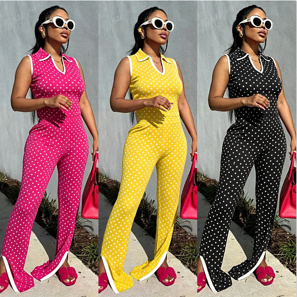 Polka Dot Printed Sleevesless U-neck Slit Long Horn Trouser Two-piece Set YNS-8031