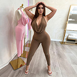 Solid-Color Backless Cowl-Neck Halter Jumpsuit With Tie Straps RS-25JP151