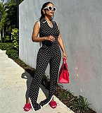 Polka Dot Printed Sleevesless U-neck Slit Long Horn Trouser Two-piece Set YNS-8031