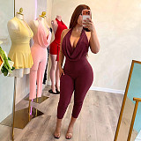 Solid-Color Backless Cowl-Neck Halter Jumpsuit With Tie Straps RS-25JP151