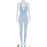 Solid-Color Backless Cowl-Neck Halter Jumpsuit With Tie Straps RS-25JP151
