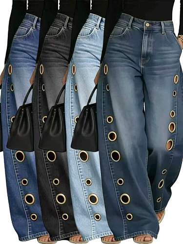 New Metallic Anomaly Eyelet Loose-fitting Jeans XMOJ-8773