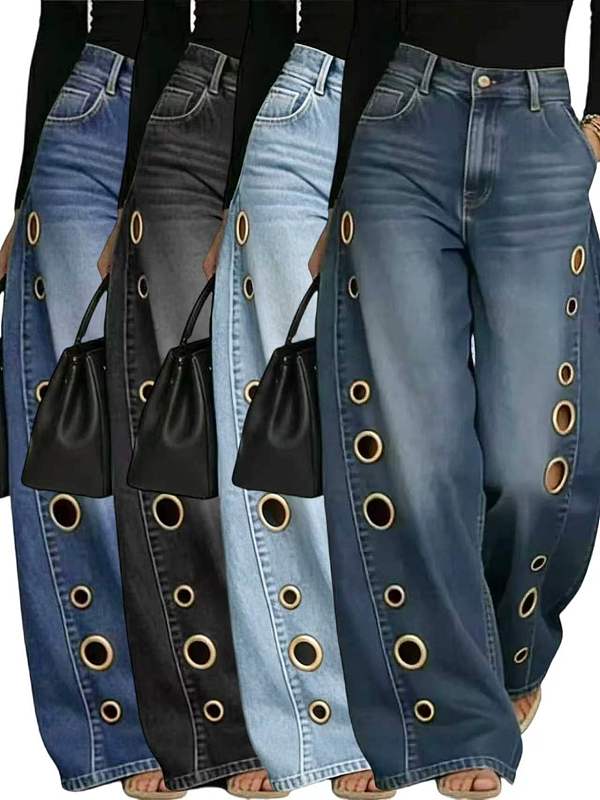 New Metallic Anomaly Eyelet Loose-fitting Jeans XMOJ-8773