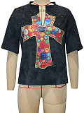 Retro Washed Black T-shirt For Women Rhinestones On The Front SH-391514
