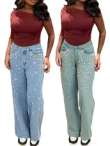 Stylish Solid-Color Washed Straight-Leg Jeans With Beaded and Rhinestone Embellishments OXMJ-8759