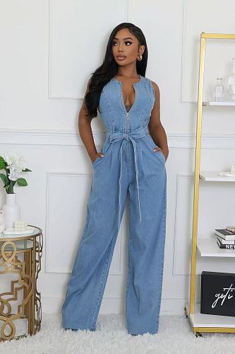 Stylish Washed Stretch Loose-Fit Straight-Leg Denim Jumpsuit OXMJ-8768