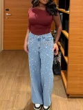 Stylish Solid-Color Washed Straight-Leg Jeans With Beaded and Rhinestone Embellishments OXMJ-8759
