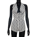 Summer Polka-Dot Print Halter-Neck Cowl-Drape Backless Romper RS-26RP106