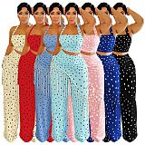 New Polka Dot Print Halter-Neck Backless Bandeau Top and Fringed Pants Set YF-11014