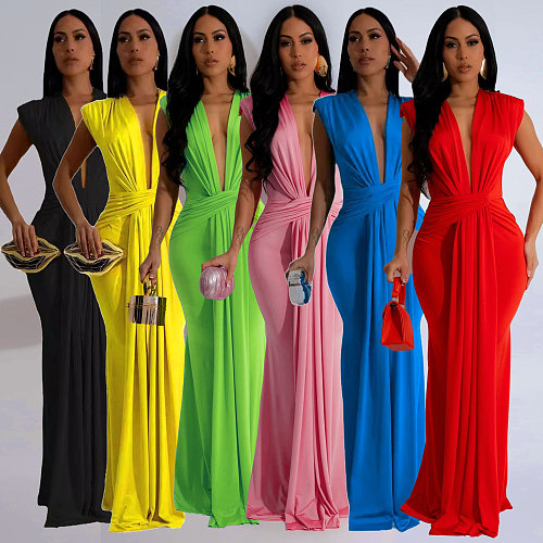 Sexy Deep V-Neck Waist-Cinching Slim-Fit Evening Gown PMR-TW886