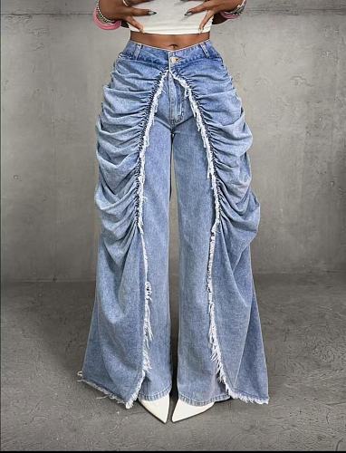 Stylish Faux Two-Piece Slim-Fit Jeans With Pleats and Frayed Hems OXMJ-8767