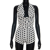 Summer Polka-Dot Print Halter-Neck Cowl-Drape Backless Romper RS-26RP106