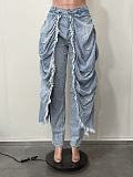 Stylish Faux Two-Piece Slim-Fit Jeans With Pleats and Frayed Hems OXMJ-8767