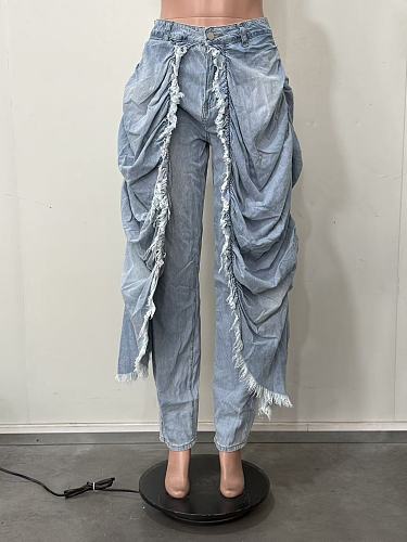 Stylish Faux Two-Piece Slim-Fit Jeans With Pleats and Frayed Hems OXMJ-8767