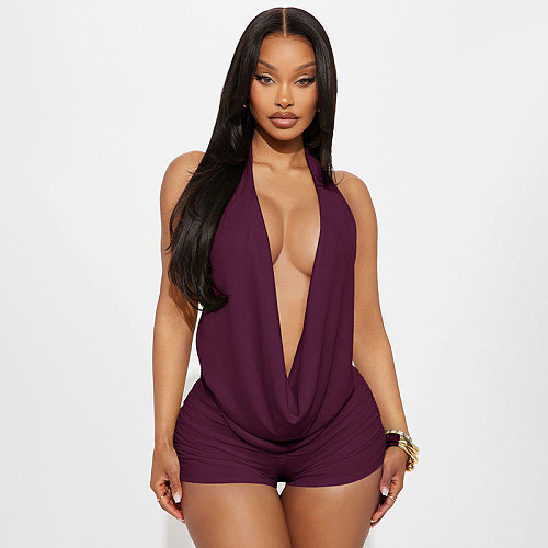 Sexy Solid-Color Backless Ruched Top & Shorts Set RS-26ST022