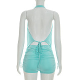 Sexy Solid-Color Backless Ruched Top & Shorts Set RS-26ST022