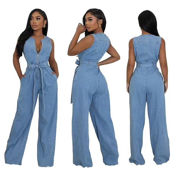 Stylish Washed Stretch Loose-Fit Straight-Leg Denim Jumpsuit OXMJ-8768