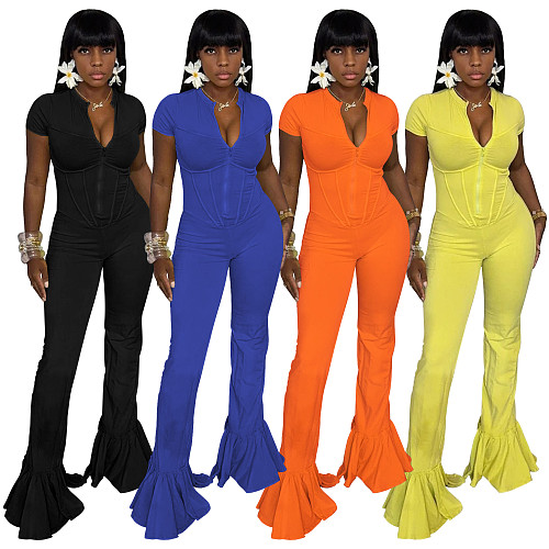 Tight Short Sleeved Flared Pants Solid One-piece Jumpsuit YF-11042