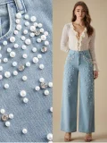 Stylish Solid-Color Washed Straight-Leg Jeans With Beaded and Rhinestone Embellishments OXMJ-8759