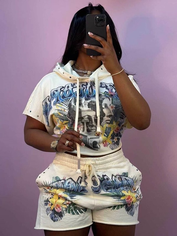 Casual Retro-Print Hoodie & Shorts Two-Piece Set YD-8863