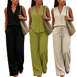 Casual Solid-Color Two-Piece Set Sleeveless V-Neck Top & Drawstring Wide-Leg Pants With Pockets HANI-TY035