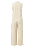 Casual Solid-Color Two-Piece Set Sleeveless V-Neck Top & Drawstring Wide-Leg Pants With Pockets HANI-TY035
