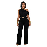 Stylish Solid-Color Elegant One-Shoulder Belted Jumpsuit BY-7718